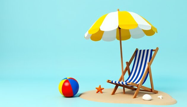Beach scene with striped chair umbrella and colorful ball sand