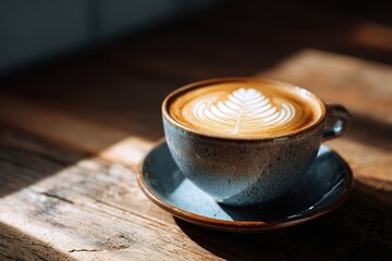 cup of coffee with milk on a wooden table