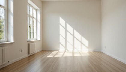 Obraz premium create a minimalistic image of an empty room bathed in sunlight through windows, the focus should be on the rooms simplicity and the play of light