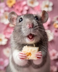 adorable mouse with a cheese in his hands