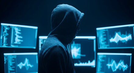 Cybersecurity expert analyzing data on multiple screens in a darkened room, protecting digital assets online