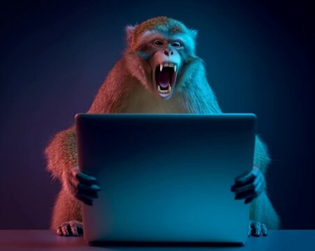 Shocked monkey reacting to computer screen in a dimly lit setting, capturing an unexpected moment of surprise