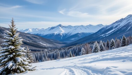 Fototapeta premium create a winter banner background featuring snow covered mountains at the top of the image, leaving ample copy space at the bottom for text