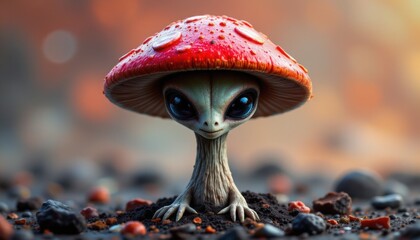 create a fictional character that is an alien mushroom, incorporate modern, glossy elements into the image to enhance its appeal