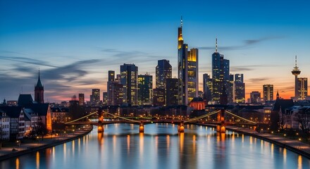 Frankfurt and Gdansk cityscapes show beautiful reflections of the night skyline's architectural lights on the river water