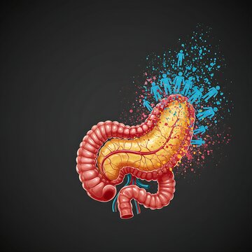 a pancreas, bursting with vibrant energy and color, showering a community with drops of light and vitality. The pancreas represents collective energy and balance. 