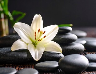 Fototapeta premium White lily on dark stones
