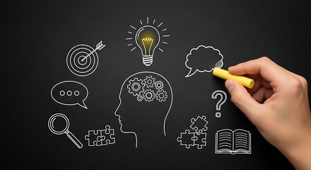 Conceptual illustration of innovative thinking process, featuring a head with gears, lightbulb, target, puzzle pieces, magnifying glass, speech bubbles, and question mark, drawn on a chalkboard.