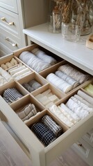 Organized drawer with neatly folded fabrics in compartments showcasing a tidy home organization system for linen storage