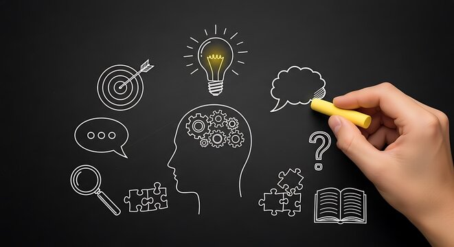 Conceptual illustration of innovative thinking process, featuring a head with gears, lightbulb, target, puzzle pieces, magnifying glass, speech bubbles, and question mark, drawn on a chalkboard.