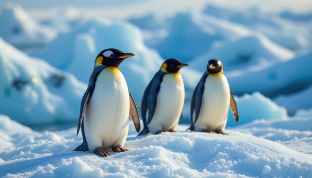create a visually striking image featuring penguins perched on icy terrain, the penguins should be the main focus of the position