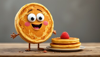 position a cute, animated pancake character with friendly features and a cheerful expression on the left side of the image, leave ample copy space on the right for text.