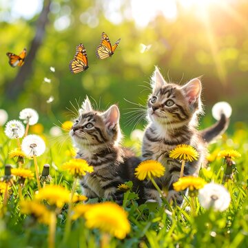 Fototapeta Kittens in a meadow with butterflies