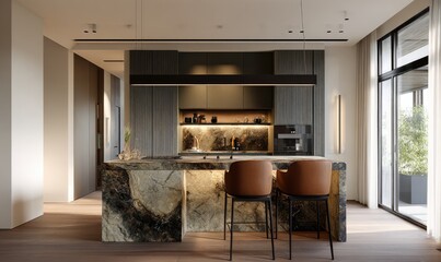 A modern kitchen design featuring dark gray cabinetry, a large marble island, and warm-toned accents, creating a sophisticated and inviting ambiance.