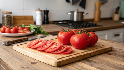 Tomatoes and slice tomatoes on cutting board on wooden table in kitchen 