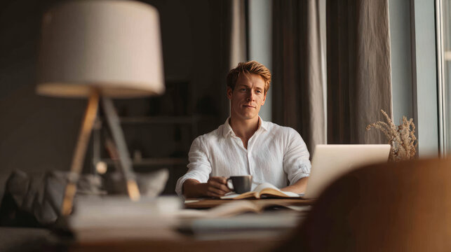 Calm morning home office natural light young man white shirt coffee cup laptop window soft focus minimal decor. Calm morning home office scene with natural light, young man white shirt holding