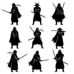Group Of Ninja Silhouettes With Swords In Varied Stances For Martial Arts And Action Themes