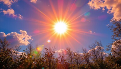 sun is shining brightly in the sky, copy space: image, a beautiful wallpaper artwork of a sunny day, with the sun illuminated under an intense spotlight