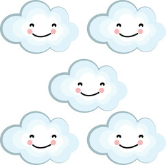 Five cute, light blue cartoon clouds with smiling faces and pink cheeks arranged on a white background.