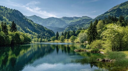 Serene mountain lake reflecting lush green hills
