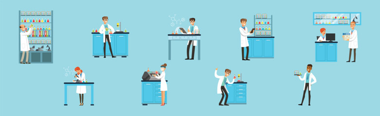 Man and Woman Scientists at Science Lab Conduct Chemical Research Vector Set