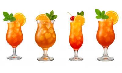 Tropical Cocktail Collection - Summer Orange Drinks with Garnish, Isolated Illustration Set
