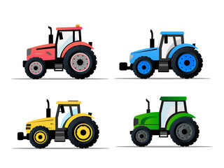 Different tractors agricultural machinery flat vector illustration in different colors without background