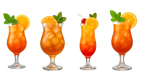 Tropical Cocktail Collection - Summer Orange Drinks with Garnish, Isolated Illustration Set
