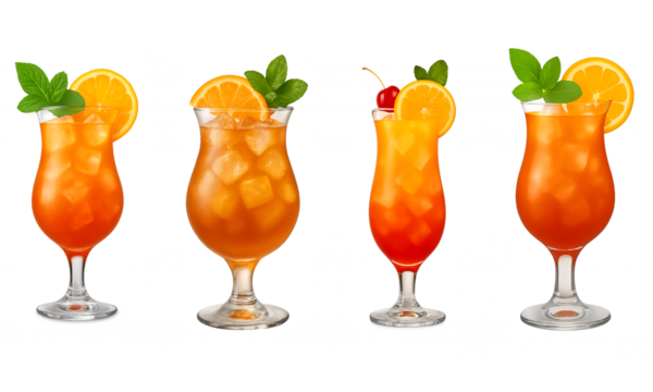 Tropical Cocktail Collection - Summer Orange Drinks with Garnish, Isolated Illustration Set
