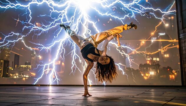 Electrifying breakdance performance by an agile dancer captured mid-move, illuminated powerfully by intense lightning projections against a dark urban cityscape