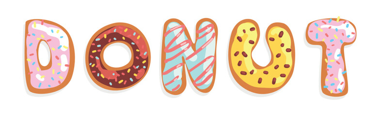 Donut Font with Sweet Sugar Glazing and Sprinkles Vector Set