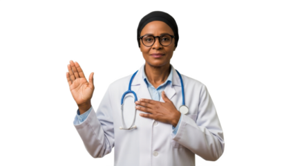 African American Woman Doctor Taking Oath | Medical Professional Swearing Allegiance for Healthcare Ethics, Integrity, and Trust Marketing