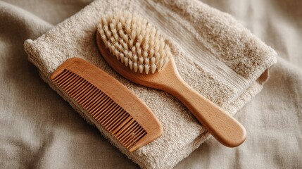 Wooden hairbrush and comb on beige towel (1)