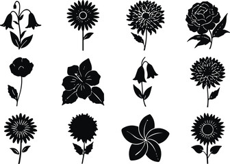 Black flower silhouette set, floral icon collection, botanical vector design, petal shapes, decorative elements, nature clipart, isolated illustrations