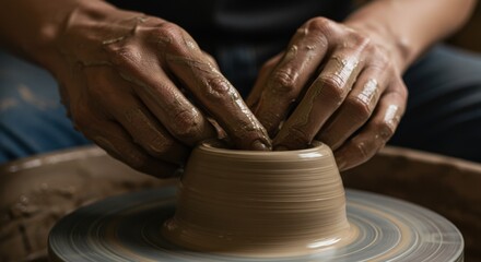 Potter's Hands Shaping Clay on a Spinning Wheel