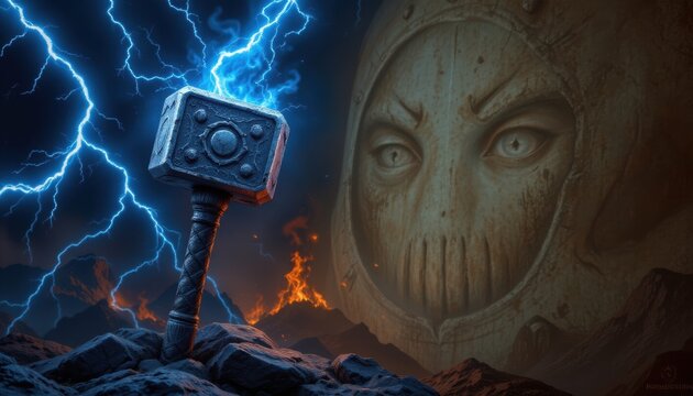 create a fantasy themed image featuring thors hammer with blue lightning against the backdrop of a norse saga