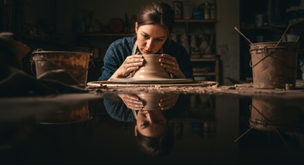 Fototapeta premium Pottery Artist Shaping Clay on a Wheel, Focused Reflection
