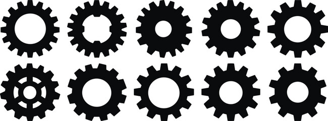 Black gear icons set, industrial machinery parts abstract mechanical illustration, automotive components