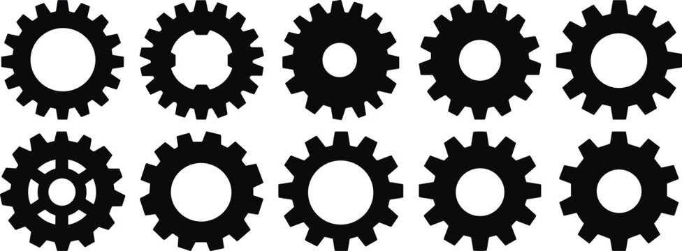 Black gear icons set, industrial machinery parts abstract mechanical illustration, automotive components