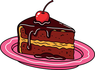 Decadent chocolate cake slice cherry pink plate sweet dessert illustration vector