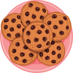 Delicious chocolate chip cookies stacked on pink plate top view freshly baked treat vector