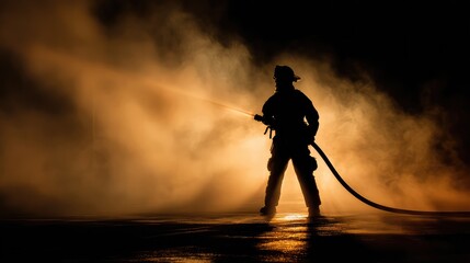 Naklejka premium The silhouette of a firefighter wearing protective gear at work. His serious working attitude highlights the intensity and danger of firefighting.