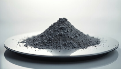 Closeup of powdered rare earth metals on laboratory scale. Gray granular mixture, visible particles form heap. Precision analysis, scientific research sample, chemistry element compound.