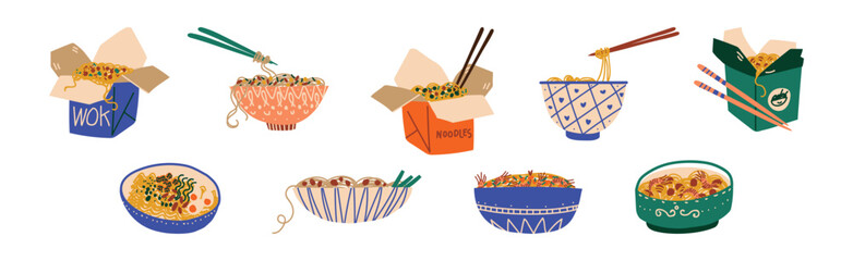 Noodles in Bowl and Cardboard Box with Chopstick Vector Set