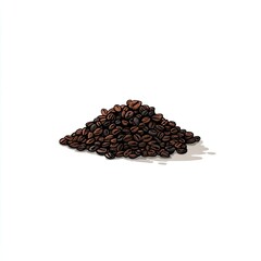 A pile of rich, dark brown coffee beans sits atop a plain white background, showcasing the varied tones and textures of the roasted beans.