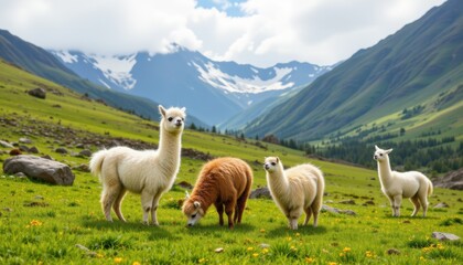 Fototapeta premium cute alpacas in the andes keywords: cute alpacas, peruvian andes, cartoon llama, snowy rocks, green meadow, white llama, andean guanaco