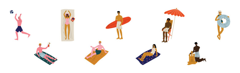 People Character on Beach in Summer Enjoy Outdoor Activity Vector Set