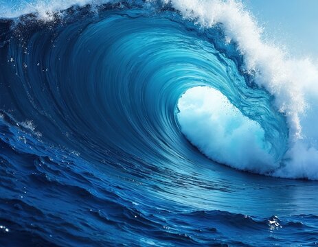 Massive blue ocean wave curls and breaks with white foam against clear sky. Turbulent water motion and texture create powerful, dynamic aquatic scene. Perfect for themes of nature, surfing, and sea. - Powered by Adobe