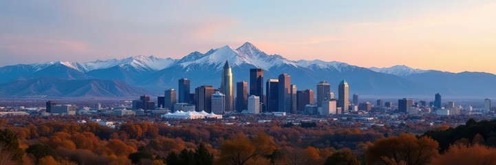 Obraz premium Denver skyline panorama, majestic mountain backdrop, landscape, wide shot