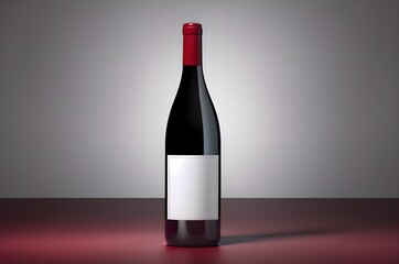 bottle of red wine on grey background with blank label mockup template